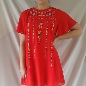 Boho Red Embroidered Summer Sundress